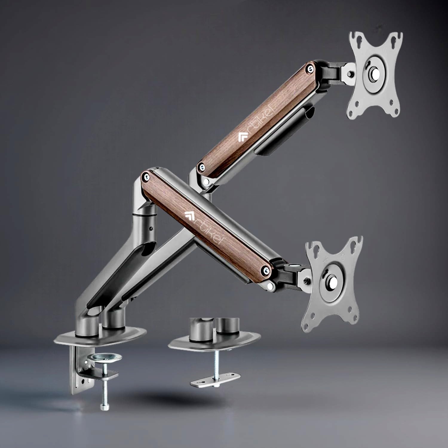 ARTIKEL Monitor Desk Mount Adjustable Spring Assisted Monitor Arm VESA Mount with C Clamp Grommet Mounting Base Computer Monitor Stand (Sleek Spacegray Wood, Dual)