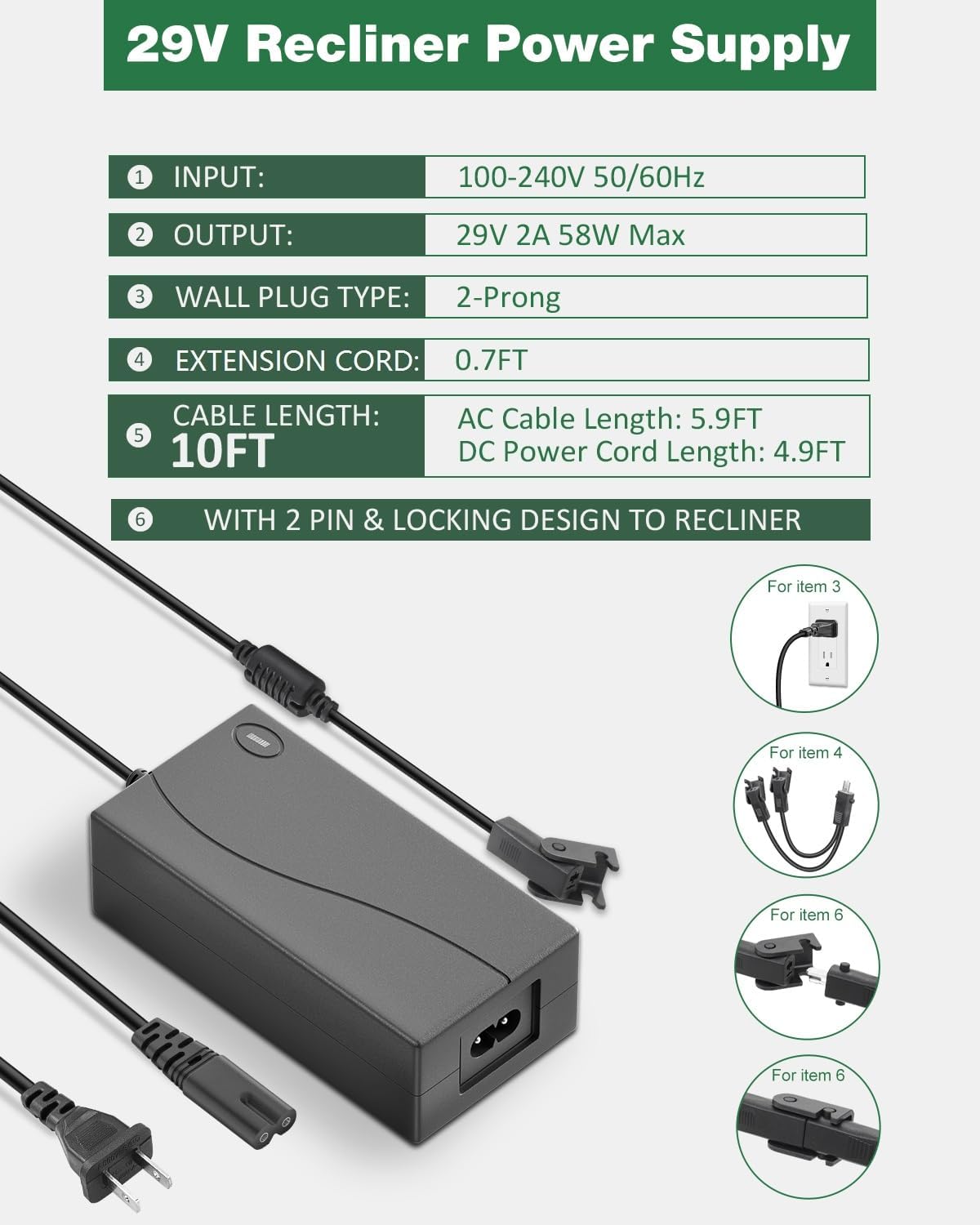Universal Power Recliners Power Supply - 2 Pin Interface Cord - 29V 2A 10ft | for Most Brands of Electric Recliners Lift Chair Reclining Sofa Couch Standing Desk Furnitures
