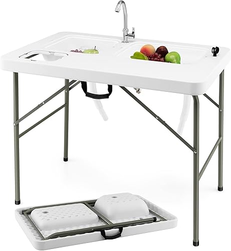Miniatura 1 de Goplus Mesa plegable de limpieza de peces con doble lavabo de agua mesa de filete resistente con gancho de manguera fregadero y grifo estación