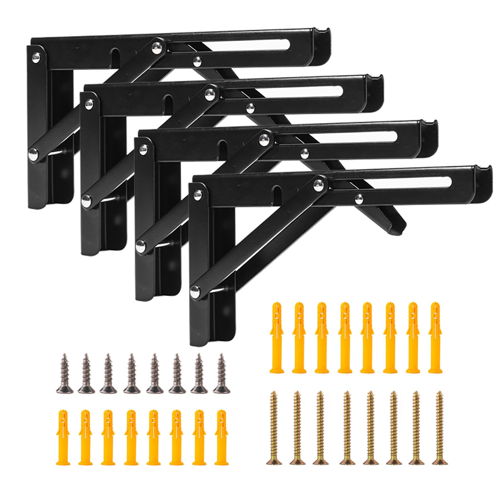 Folding Shelf Brackets, 4 pcs 8 Inch Heavy Duty Cold Rolled Steel Collapsible Triangle Shelf Bracket, DIY Wall Mounted L Bracket Space Saving for Bench Table, Worktop (Matte Black)