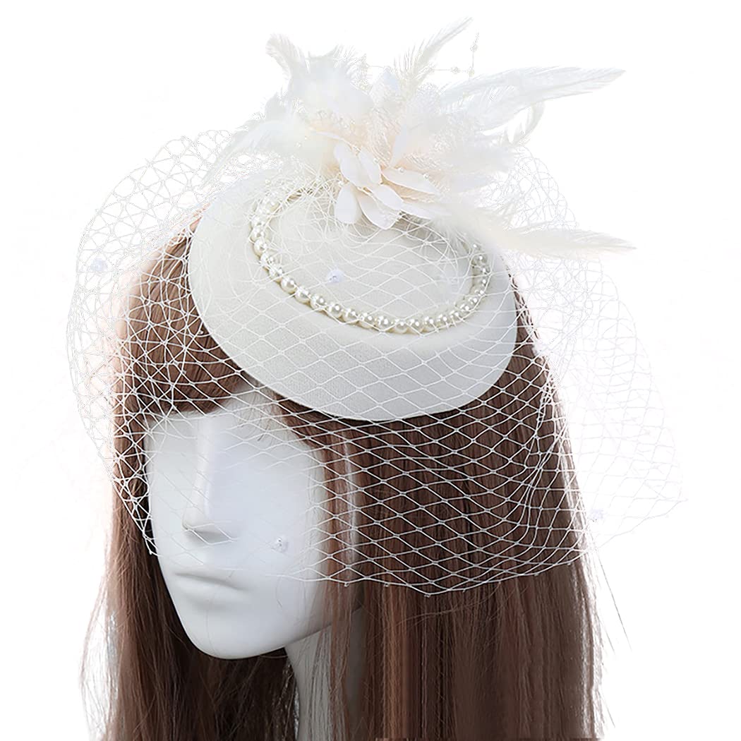 Lnrueg Wedding Fascinator Hat Mesh Vintage Elegant Handmade Faux Pearl Feather Fashion Bridal Headwear Fashion Hollow (B09GFDDPXW) Amazon Price History, Amazon Price Tracker