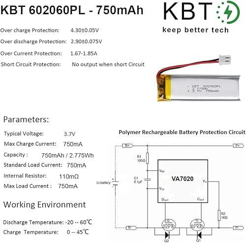 Miniatura 6 de Batería de polímero de litio KBT 3.7V 750mAh 602060 Reemplazo de baterías recargables de iones de litio con conector JST 2.54 para grabadora de
