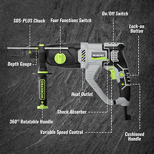Image of WORKPRO 1-1 /4 Inch SDS-Plus Rotary Hammer Drill, 7.5AMP, Lightweight Corded Version for Concrete Demolition Chipping Rotomartillo, 5 SDS-Plus Bits
