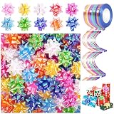 Laviria 100Pcs 2' Gift Bows and 10 Rolls Curling Ribbon Set, Rainbow Wraping Bows Ribbons for Gift Wrapping, Party, Festival, Crafting, Wedding