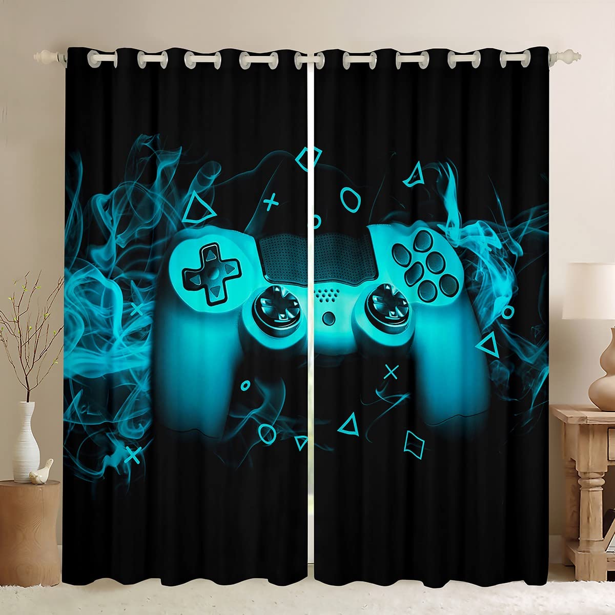 Loussiesd Teal Gaming Curtain for Boys Bedroom Gamer Window Treatments Video Game Geometric Window Drapes Light Reducing Soft Curtains with Grommet Console Game Controller W46*L72 โ image 1