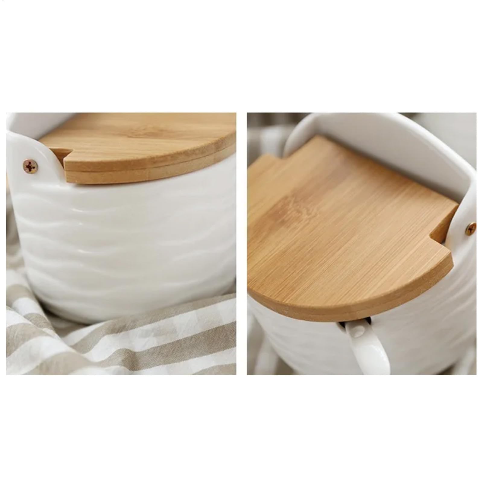 Salzbehälter-Set aus Keramik mit Holzdeckel - 2 Gewürzdosen mit Löffel für Küche, Restaurant & Esstisch - Perfekt zum Aufbewahren von Gewürzen & Gewürzen