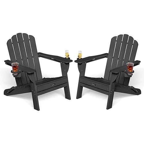 Adirondack Chair Set of 2, 5-Slatted All-Weather Outdoor Adirondack Chair, Wood Texture Lawn Chair for Fire Pit, Patio, Garden, Poolside, Black