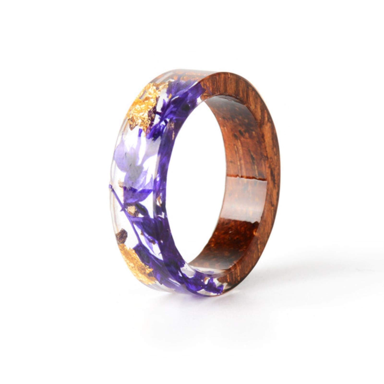 AQUALITYS Handmade Wood Resin Ring Dried Flowers Plants Inside Jewelry Resin Ring Transparent Anniversary Ring for Women