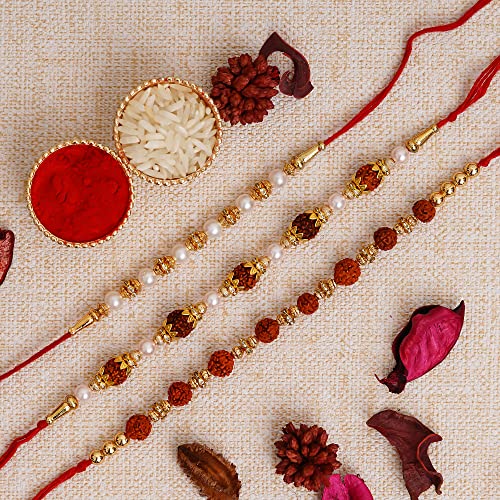 Image of eCraftIndia Set of 3 Pearl Diamond Rudraksha Designer Rakhis for Brother Bhaiya Bhai | Roli Chawal Pack | Raksha Bandhan Rakhi