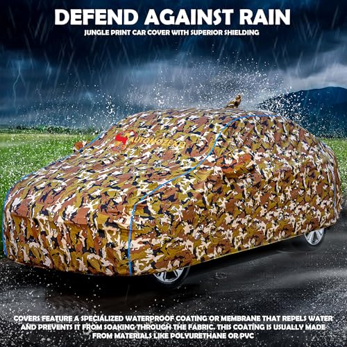 Image of Toyota Glanza 100% Waterproof Car Cover for All Weather Protection with Mirror & Antena Pocket Inner Cotton Triple Stitched Cover with Adjustable Belt Bottom Elastic to Secure Fit -Jungle