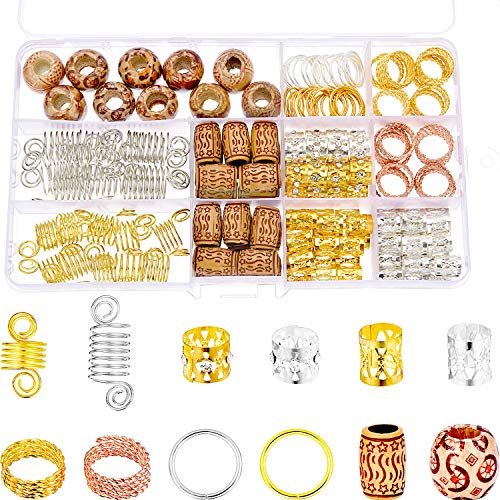 TecUnite 170 Pieces Aluminum Dreadlocks Beads Metal Cuffs Hair Wraps Natural Painted Wood Beads Hair Braiding Beads Jewelry Hair Decoration Accessories with Storage Box