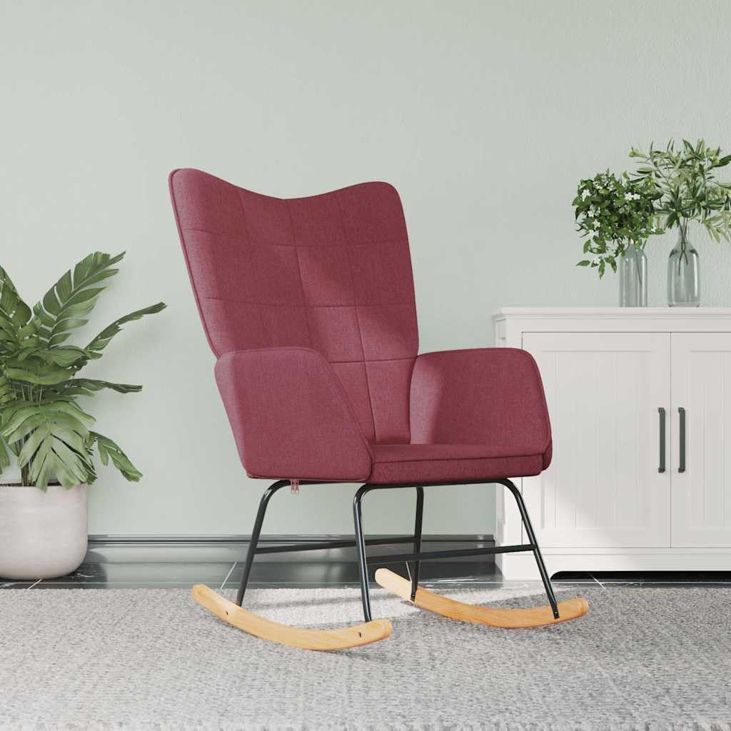 Fotel bujany w kolorze czerwonego wina, tapicerowany z podłokietnikami i oparciem, ergonomiczny, wygodny fotel bujany do salonu, sypialni, pokoju dziecięcego, relaksu i czytania, stabilne
