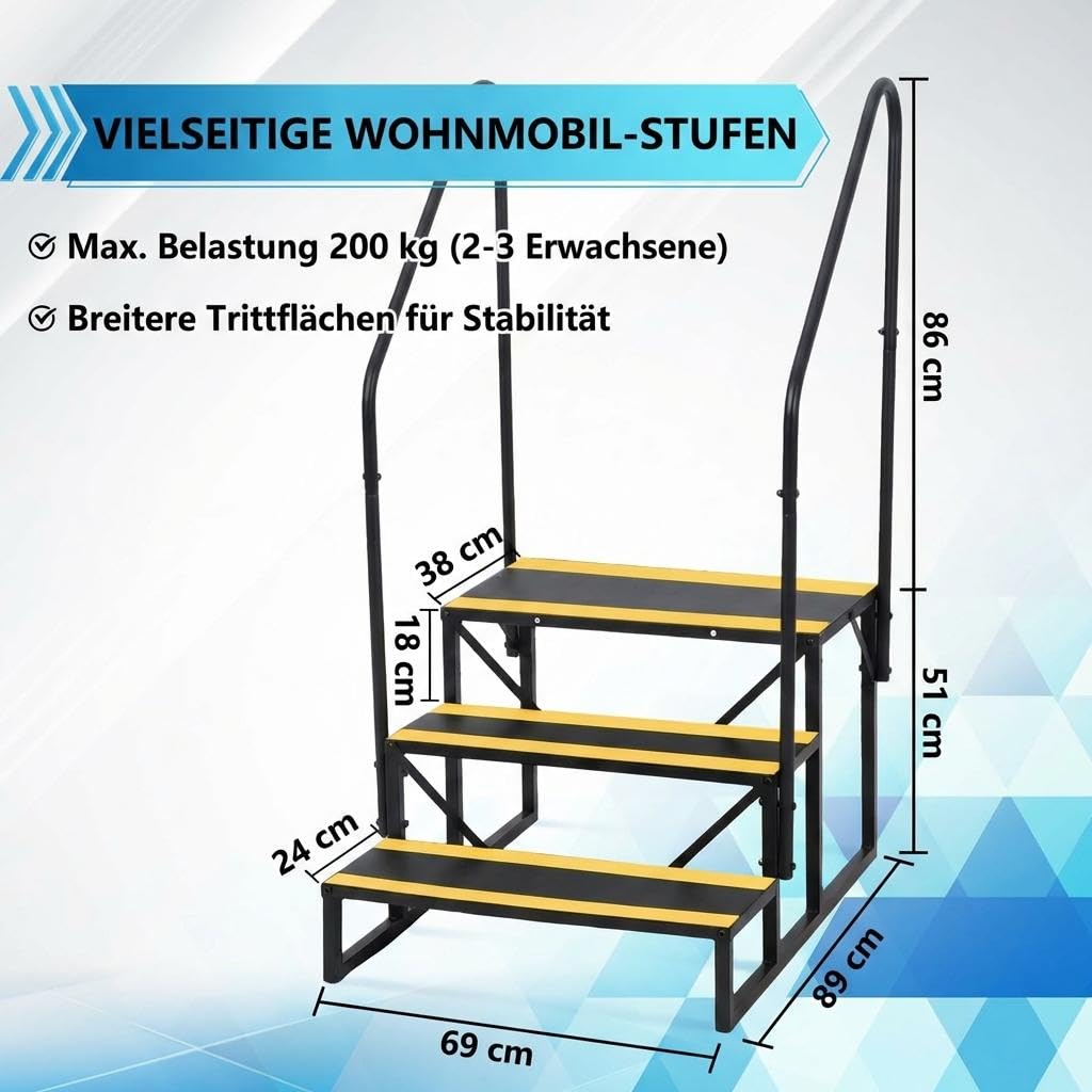 Garvee 3-stufige Wohnmobil-Treppe mit doppelseitigem Handlauf – rutschfeste Metallstufen, stabil und tragbar – Außentreppe für Wohnwagen, Camper, Pools – Belastbar, Schwarz-Gelb – 3 Stufen, doppelte