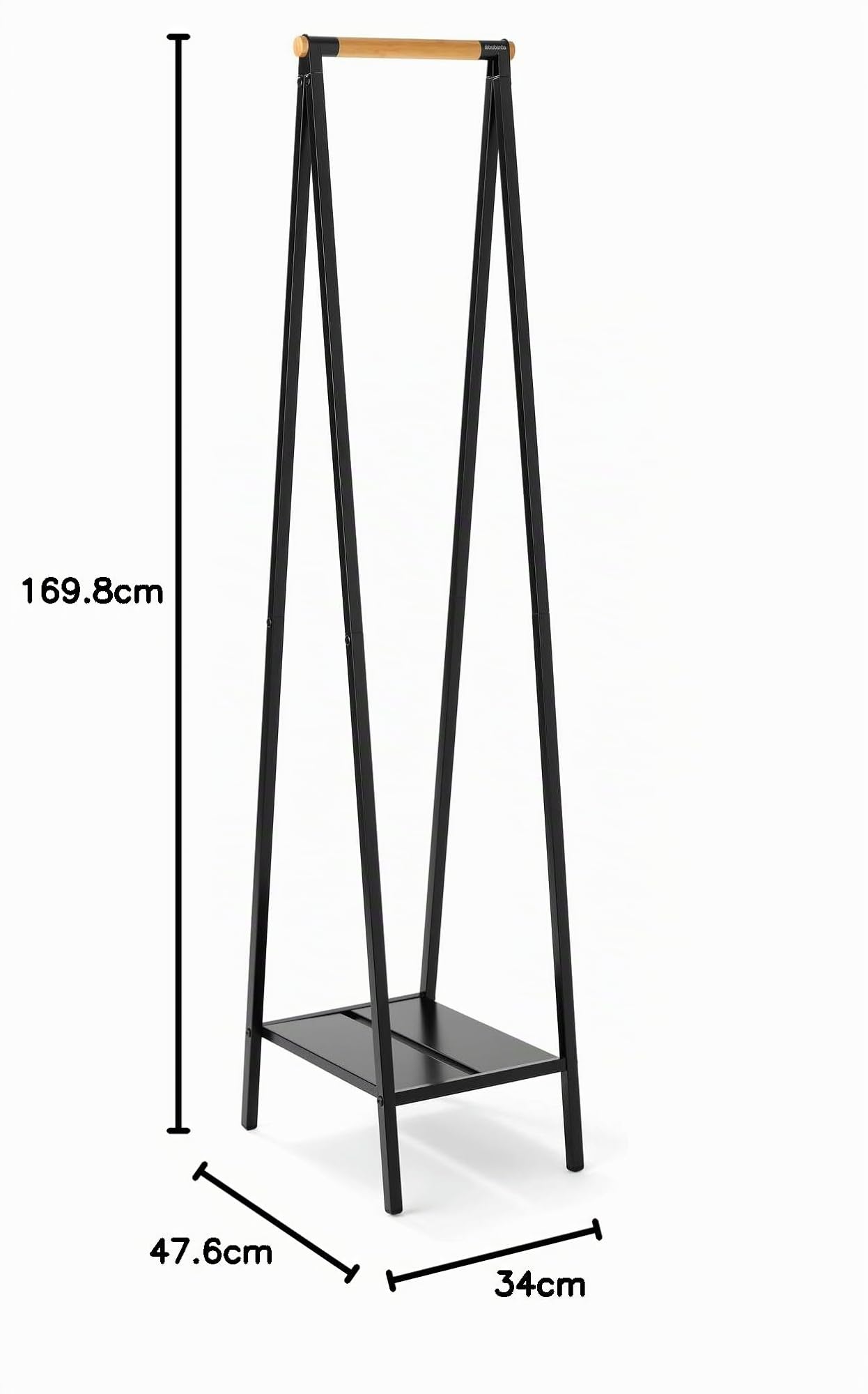 Brabantia - Perchero Linn, Compacto - Perchero de pie - Almacenaje de ropa - Para colgar, airear o secar ropa - Robusta estructura de acero y varilla de bambú - 47,6 cm x 34 cm x 170 cm - Negro Mate