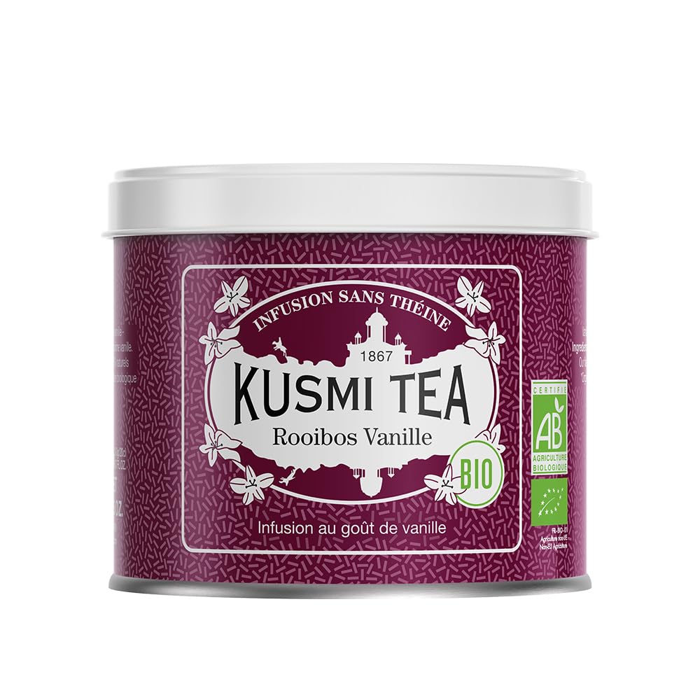 Kusmi Tea - Rooibos Vanille - Infusion Bio - Rooibos Issu de l'Agriculture Biologique - Infusion sans Théine - À Déguster Chaud ou en Thé Glacé - Boîte Thé Métal 100g - Quantité pour environ 50 Tasses
