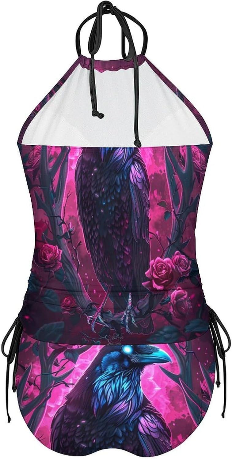 Roses Flowers and Crows Women's Tankini Swimsuit Two Piece Tummy Control Bathing Suits Tie String Swimwear