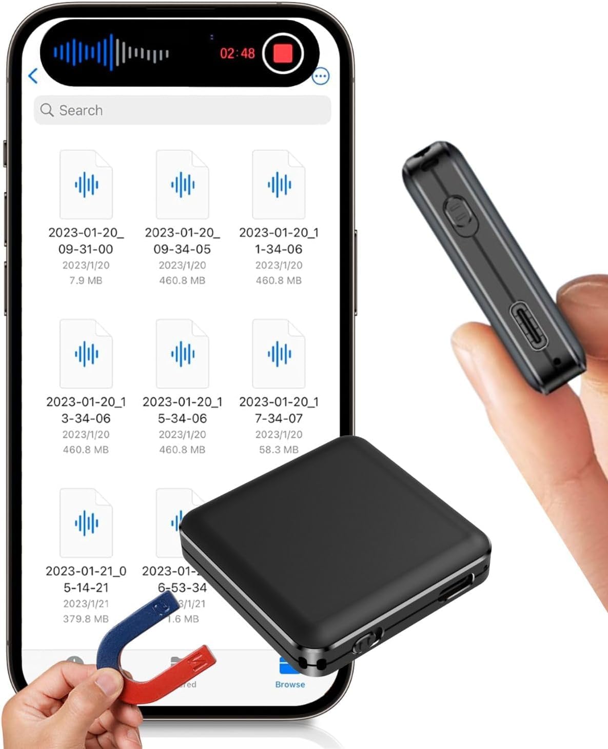 64G Magnetic Voice Recorder - 160 Hrs Battery Life, 800 Hrs Storage, 1536kpbs - Voice Activated, One-Button Recording, Phone and Computer Playback - Ideal for Lectures, Meetings, Interviews, Classes