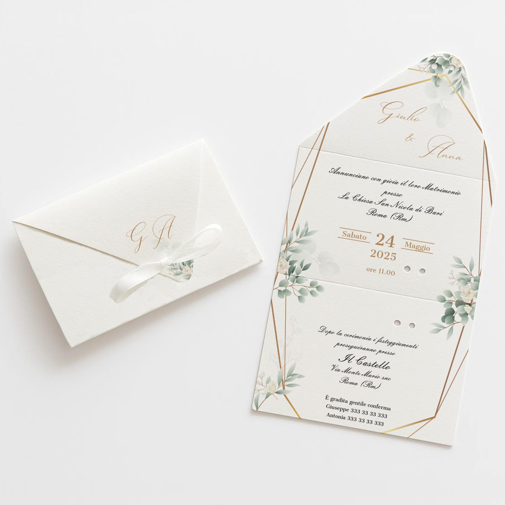 PV Grafik® 15 Partecipazioni Matrimonio Personalizzate, Inviti Matrimonio a Busta, Invito Partecipazione Nozze, Sposi, 15x28 cm Nastrino inclusa, Personalizza invito e scegli la quantità. (M40)