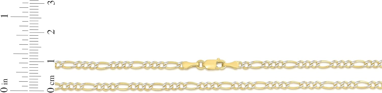 Floreo 10k Yellow Gold and White Gold 2.5mm Solid Two-Tone Figaro Chain Bracelet or Anklet