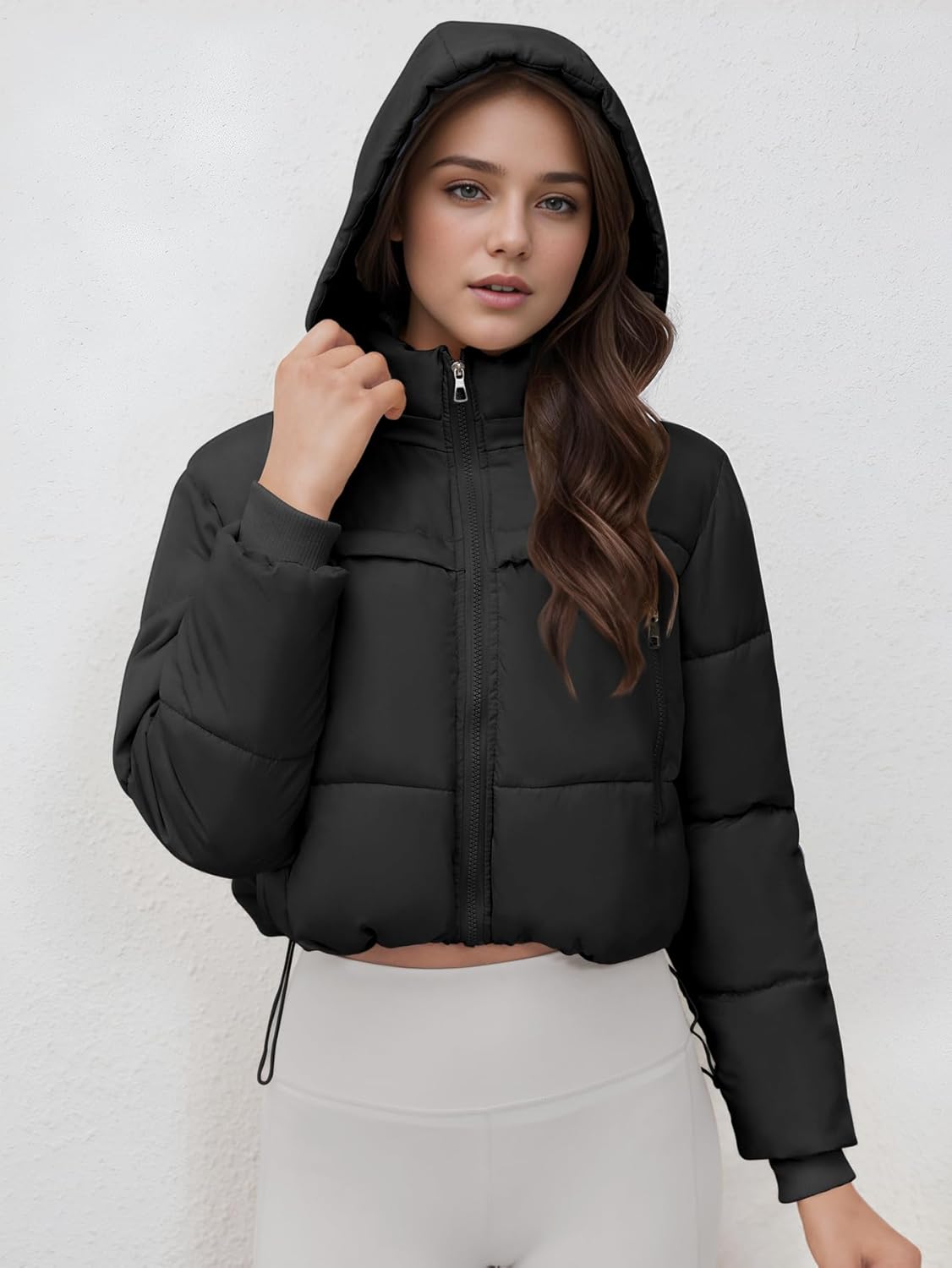 Women's Cropped Puffer Jacket Hooded Warm Padded Winter Outerwear Coat with Pockets - Image 3