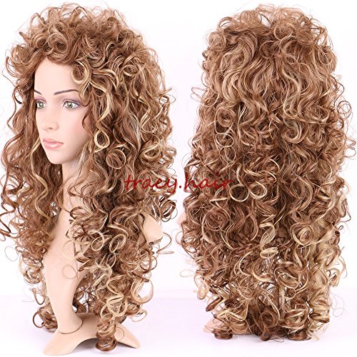 S-noilite Curly Wig 26 Inch Medium Ombre Heat Resistant Synthetic Wig with Bangs for Women - Blonde-Brown