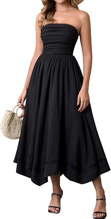 Colysmo Strapless Flowy Midi Dress Tube Top Lace A Line Smocked Wedding Guest Dresses for Women 2026 Summer Cusual
