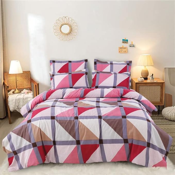 YKC 170TC Supersoft Glace Cotton Duvet Cover Razai Cover Quilt Cover for Double Bed Size with Zipper Dohars (Without Filling) Size 90x100 (Triangle Pink)