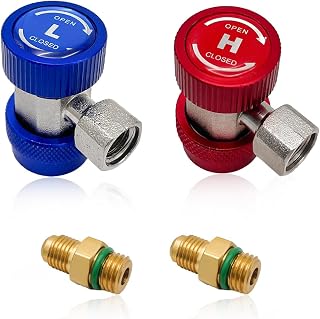 2PCS R134a Quick Coupler Adapter, 1/4" Male Port High Low Adjustable and AC Hose Fitting Kit, HP and LP Connectors for Car AC System Evacuation Recharging and More, Car Accessories