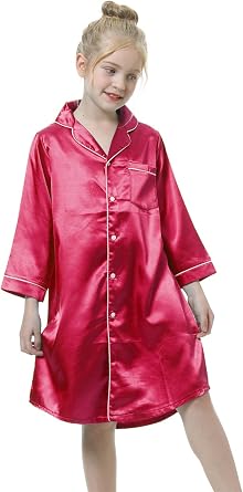Childrens Nightgown Polyester Silk Satin Sleepwear Girls Long Sleeve Nightdress Pajamas