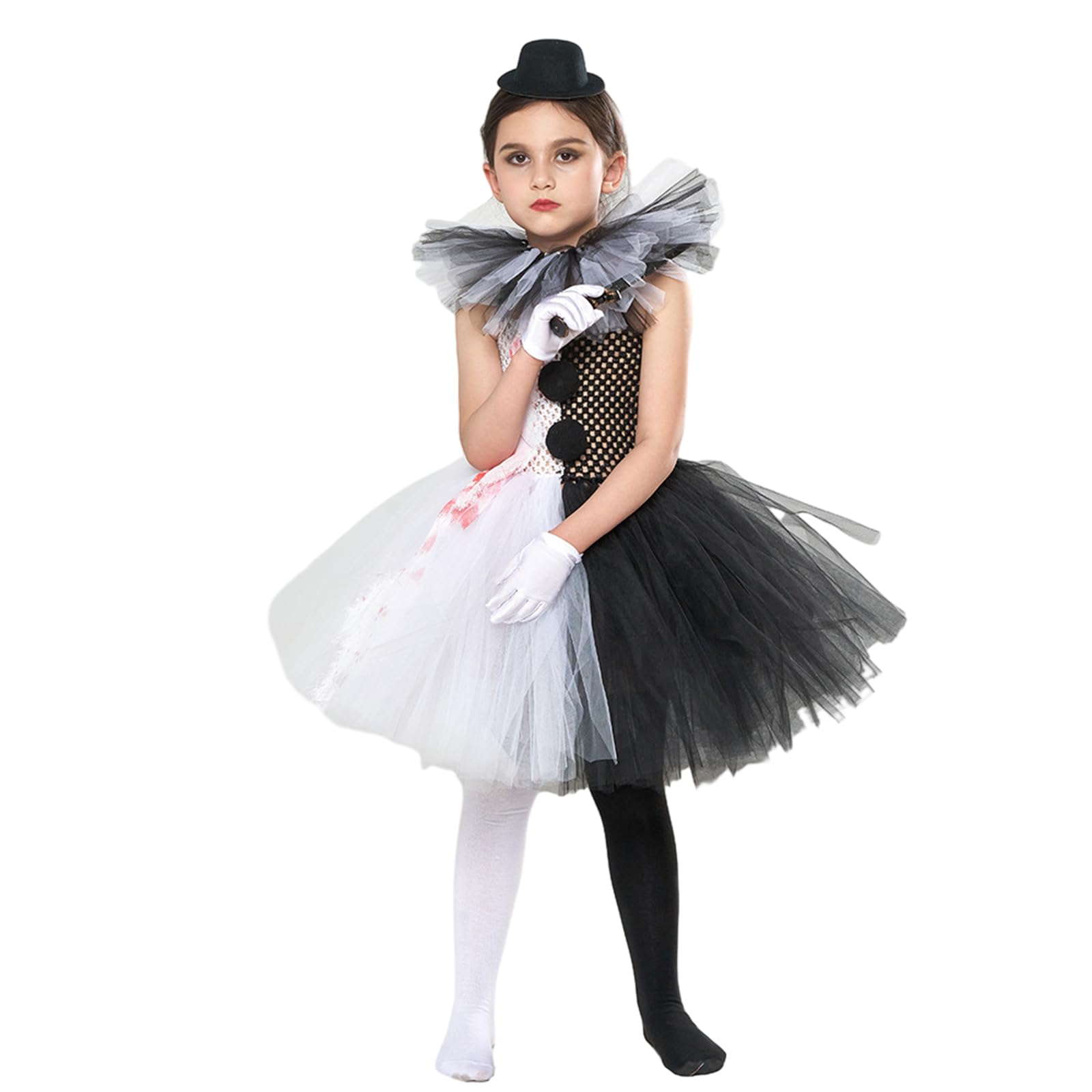 Nsywmzy Kids Girls Clown Costume Halloween Costumes Scary Tulle Tutu Dress Knife Socks Gloves Hairpin Set Party Cosplay (Black White, XXL)