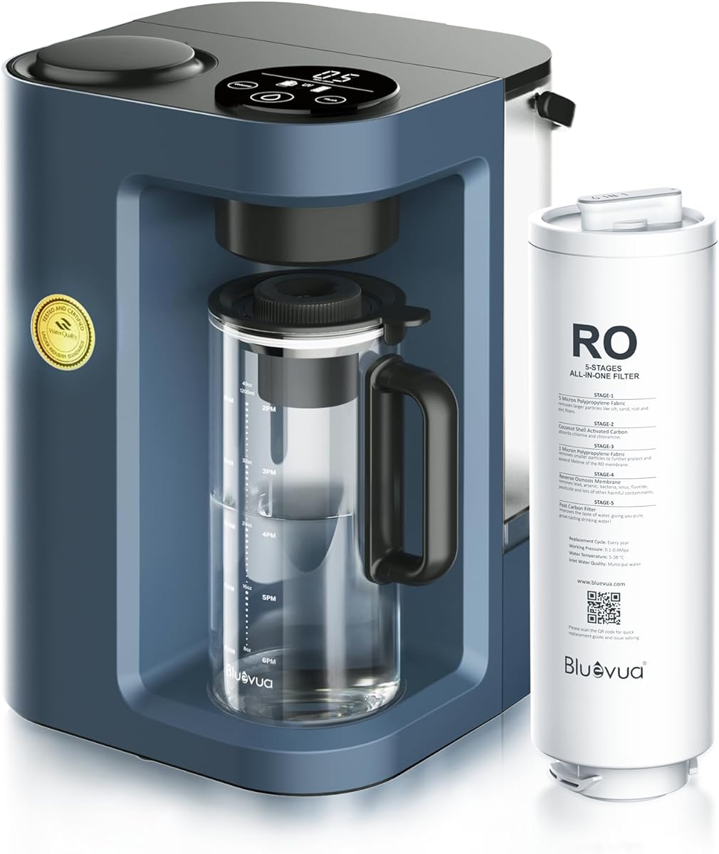 Bluevua RO100ROPOT-Lite(UV) Countertop Reverse Osmosis Water Filter System, 7-Stage Purification with UV and Remineralization, 3:1 Pure to Drain, Portable Water Purifier (Blue)