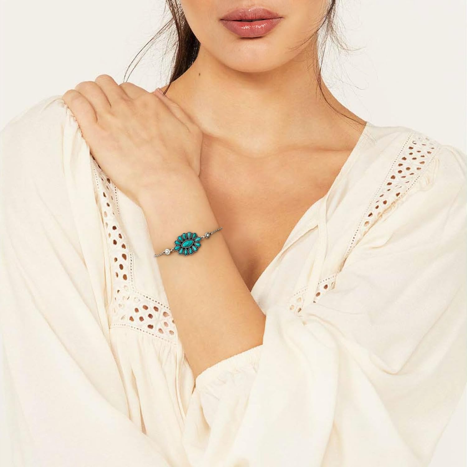 Native American Genuine Turquoise Squash Blossom Bracelet for Women 925 Sterling Silver Boho Turquoise Adjustable Bracelets for Her Wife Mom - Image 3