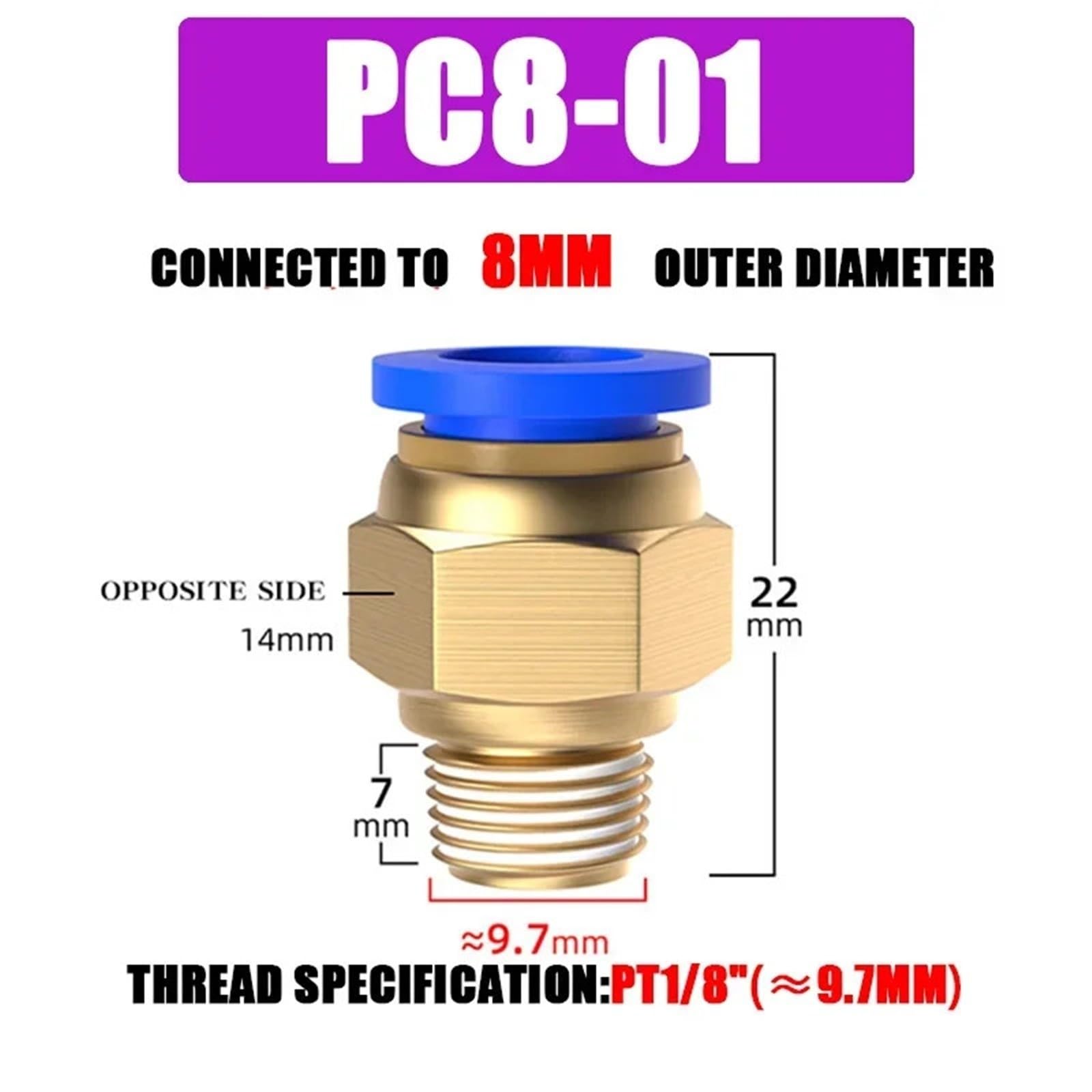 10/50PCS PC Pneumatico Connettore Rapido 4-12mm Raccordo Push In For 1/8 "1/4" 3/8 "1/2" BSPT Tubo E Tubo Dell'aria Filettati, Uso Industriale(PC8-01,50 PCS)