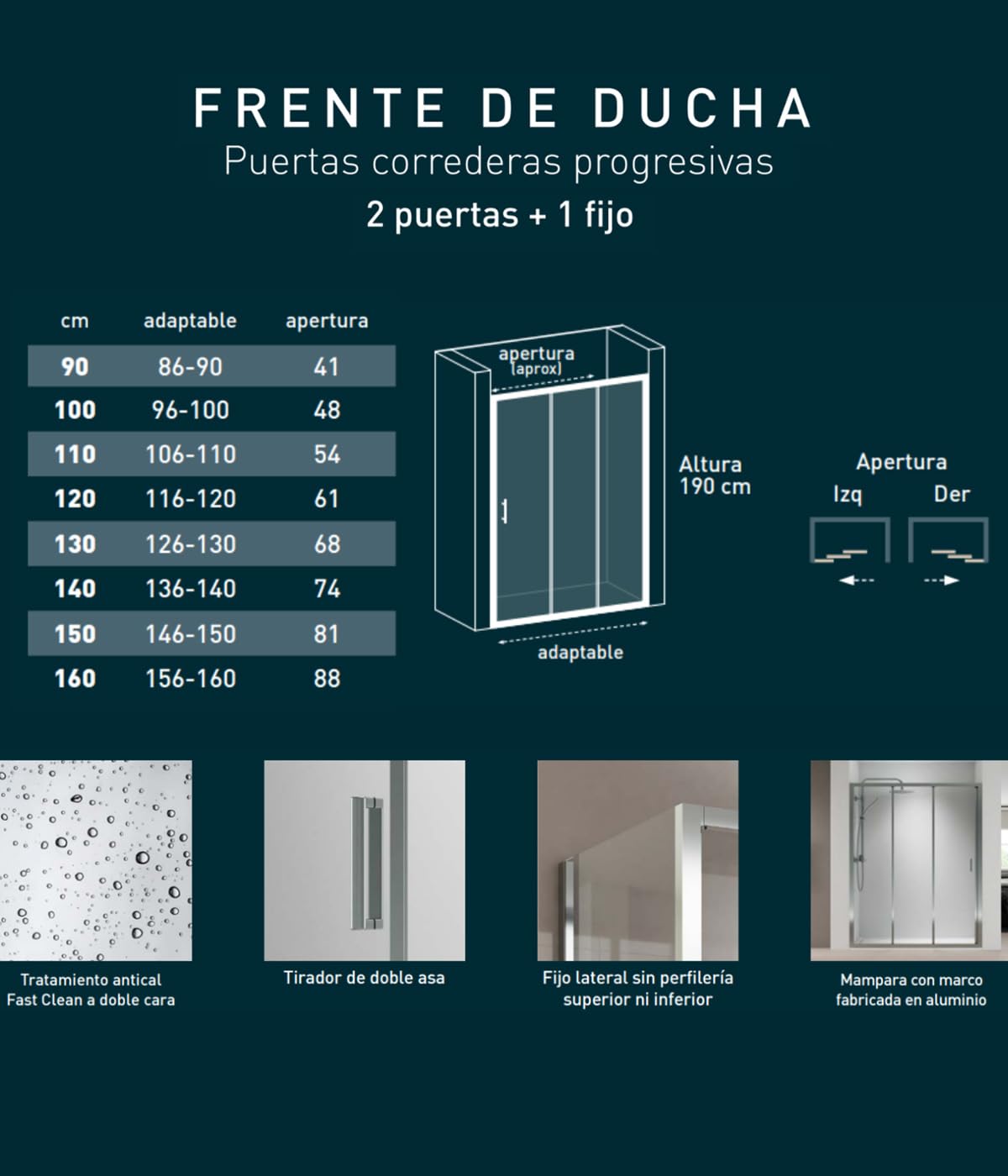 Mampara Ducha Frontal 3 Cristales | Cristal Templado 5mm Antical Transparente | Altura 190cm | Perfil Cromo Brillo 140 cm (Adaptable 136-140cm)