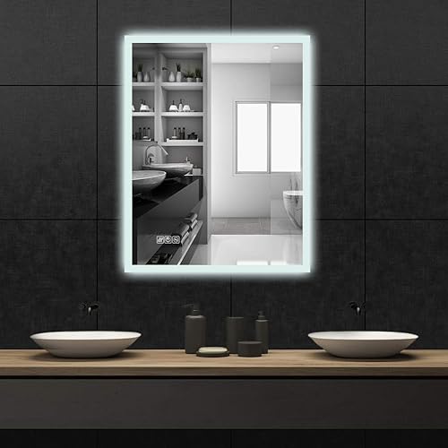 walsport Espejo de tocador montado en la pared para baño con luces LED, brillo de control táctil inteligente, espejo de maquillaje antivaho para