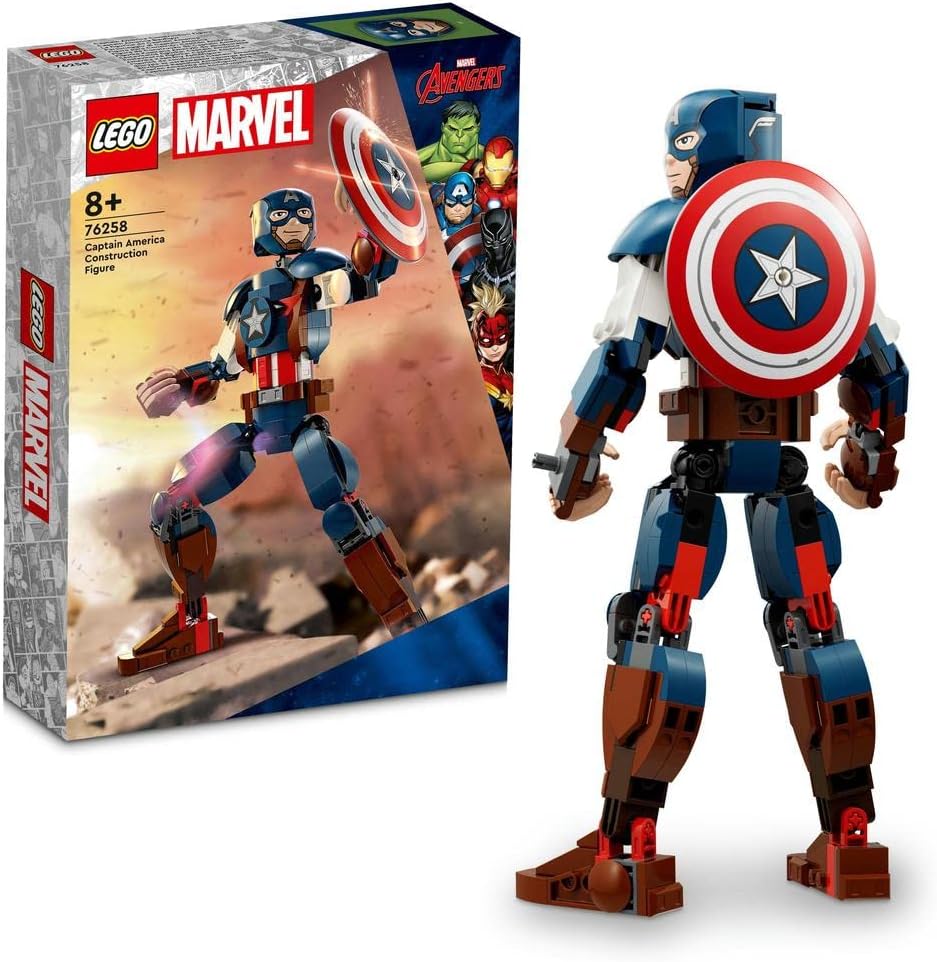 76258 Marvel Captain America Construction Figure Buildable Toy with Shield, Avengers Collection, Play and Display Superhero Bedroom Accessory, Birthday Gift for Kids, Boys, Girls Aged 8+
