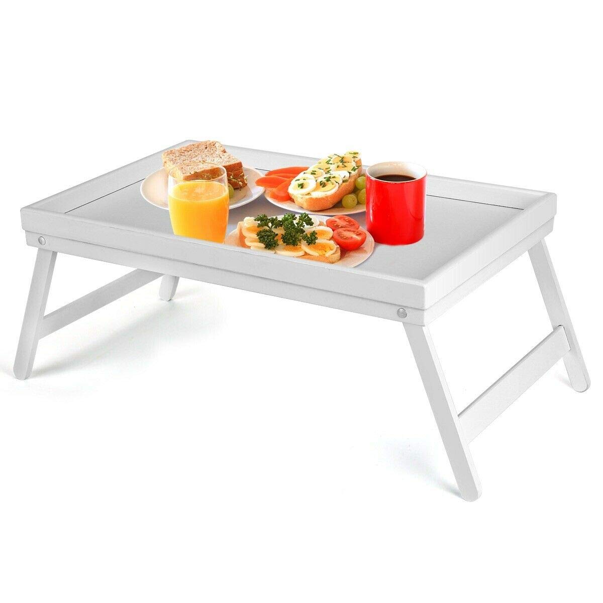 Vencier White Bamboo Bed Tray, Folding Legs, Raised Edge, For Breakfast In Bed And Serving, Hwd: 22X64x31cm, (White)