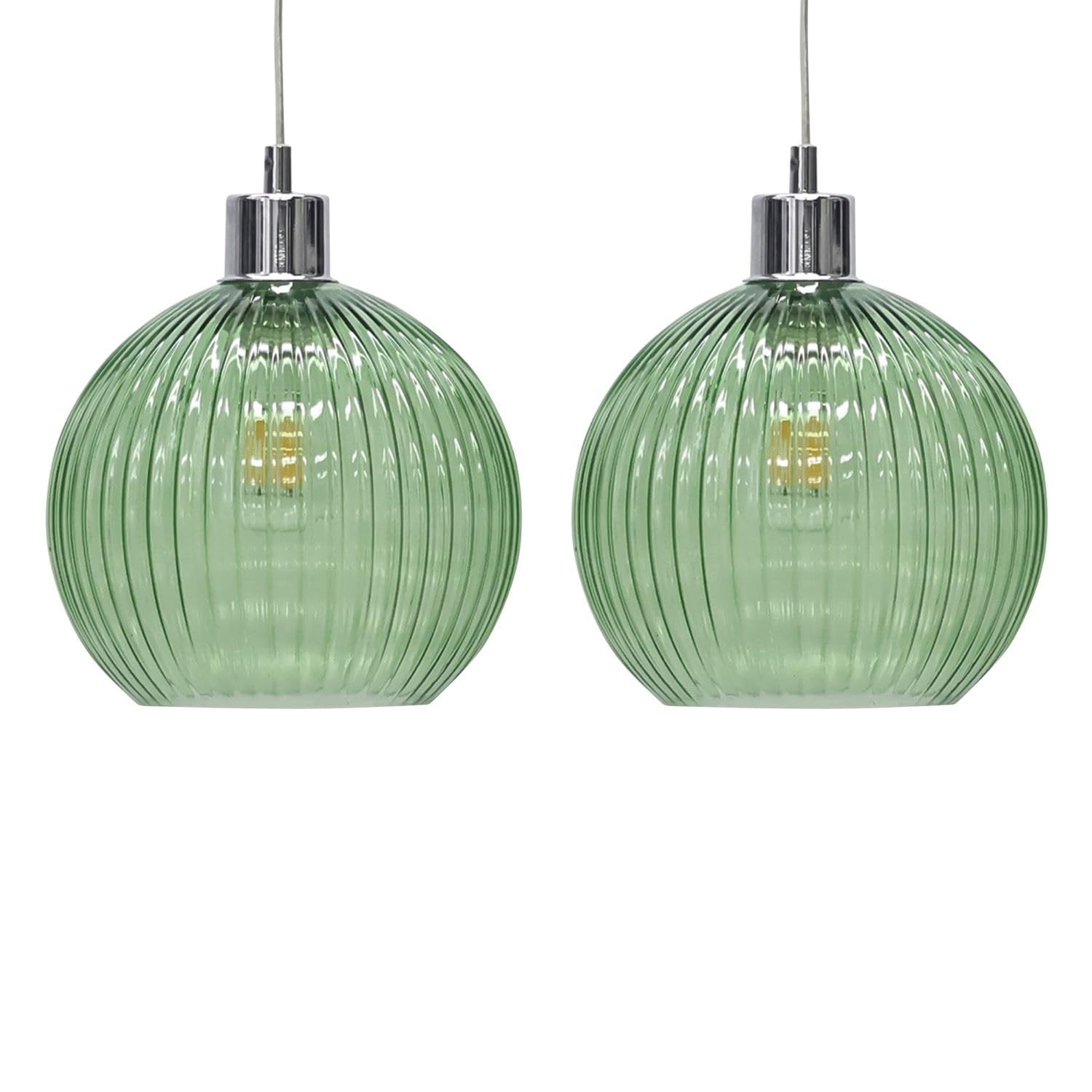 Firstchoicelighting Green Set Of 2 Glass Easy Fit Ceiling Lightshades Or Pendant Shades, Ribbed Glass, Height 18Cm Diameter 20Cm