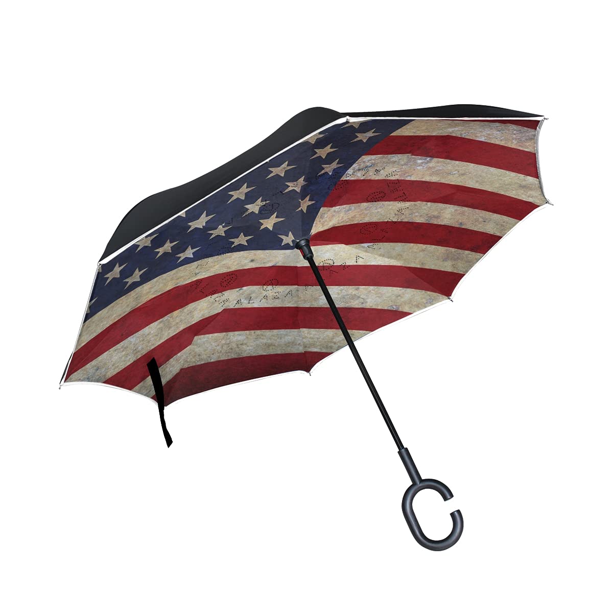 ALAZA Vintage USA American Flag Windproof Inverted Open Close Reverse Rain Umbrella Inside Out Quality Waterproof Parasol Upside Down Stick Shelter with Hook c Handle