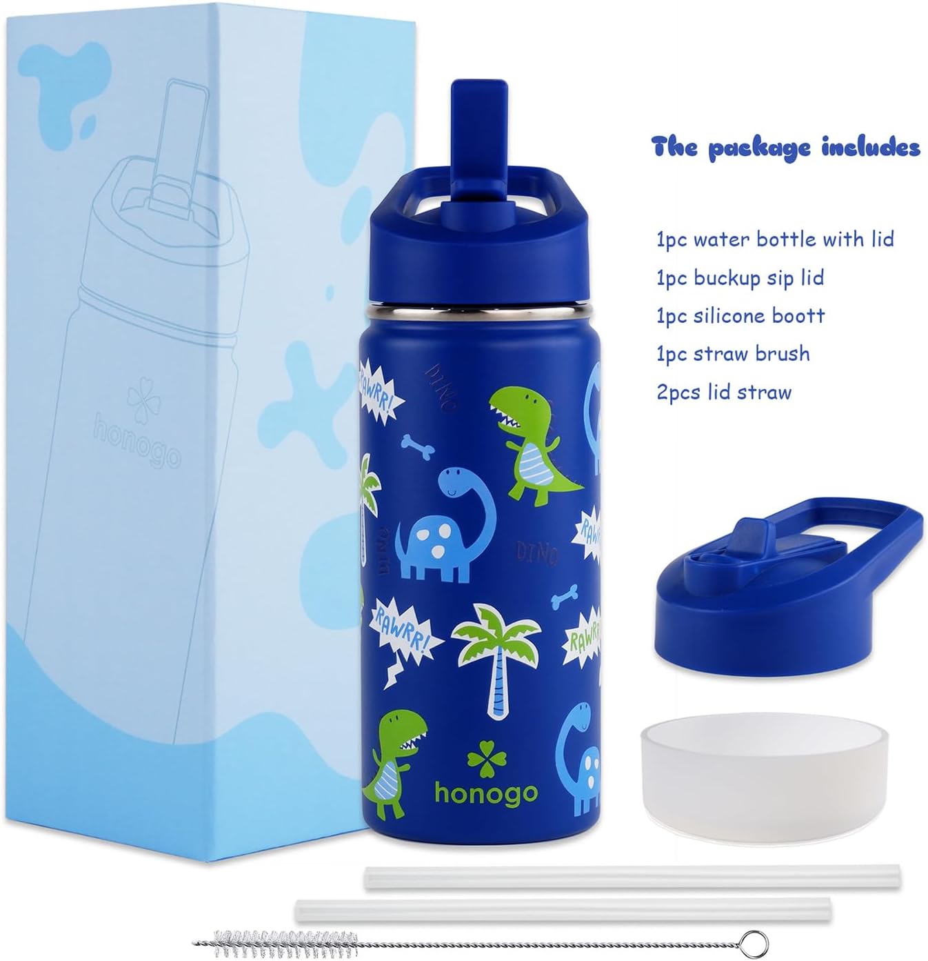 16 oz Stainless Steel Insulated Kids Water Bottle, Leak Proof Metal Thermal Flask with Straw lid, Cute Toddler Tumbler Cup for School Girls & Boys (Blue, Dino) - Image 6