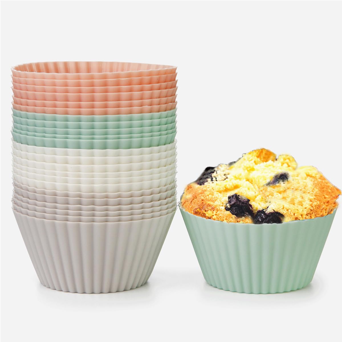 Zoofen24 Pcs Silicone Cupcake Liners Standard Cupcake Molds for Muffins Reusable Non Stick Baking Cups(A-Soft colors)