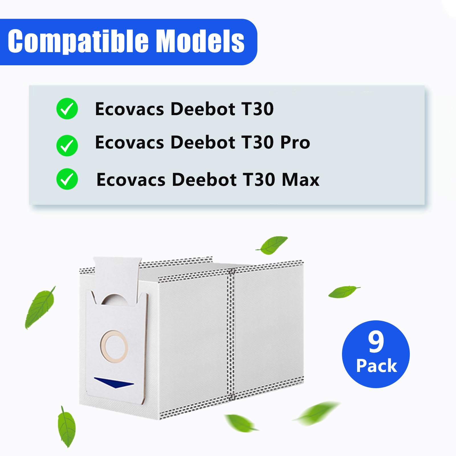 9 Pack Dust Bags for Ecovacs Deebot T30 / T30 Pro / T30 Max Vacuum Cleaner, Automatic Dust Collection with Large Capacity Vacuum Bags Replacement Dust Bags