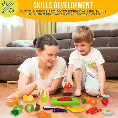 Miniatura 5 de FUNERICA Juego de 37 piezas de comida de simulación para niños frutas y verduras cortables juego de accesorios de juguete de cocina con cuchillos