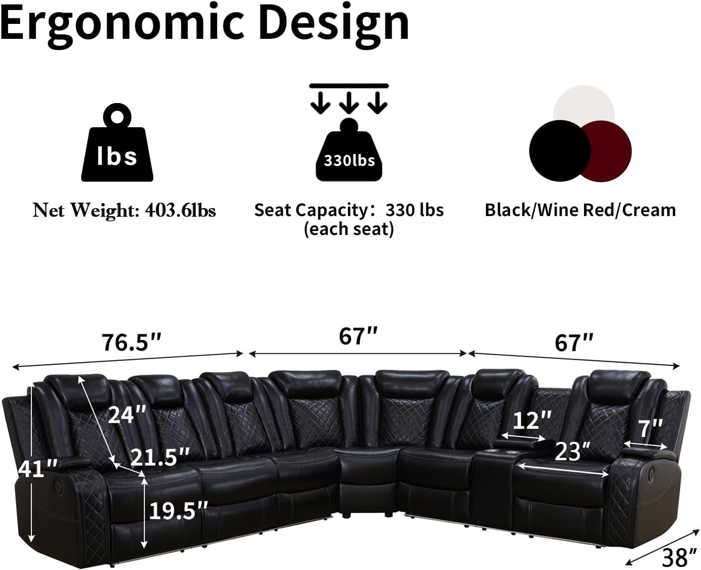 Power Recliner Sectional Sofa,Leather Reclining Sectional Couch L Shape Sofa with Coffee Table,Cup Holder,Storage Console for Living Room/Home Theater, Black