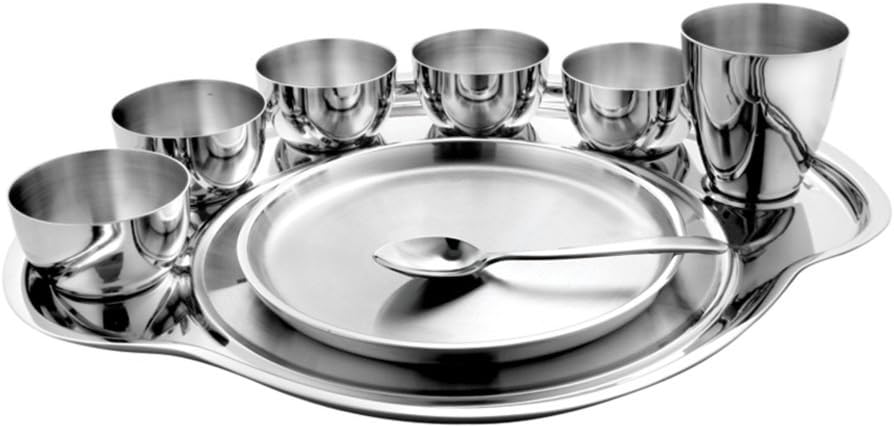 Prabha Stainless Steel Dinner Set of 9 Pcs | Shagun Rajwada Silver Thali Set For Serving |Bhojan Thal Kitchen Dinnerware Set Ideal Gifting Anniversary, Wedding |Durable, Cleanable, Useable, High Grade