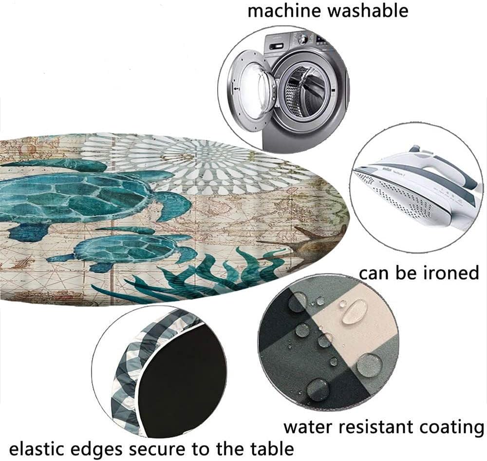 Round fitted Sea turtle tablecloth, blue ocean sea turtle seaweed vintage nautical, Elastic edge, Waterproof and wipeable, for dining tables, self-service parties and camping, Fit for 40" table