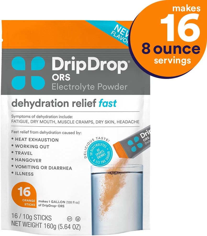 DripDrop ORS - Patented Electrolyte Powder For Dehydration Relief Fast - For Workout, Sweating, Heat, & Travel Recovery - Orange - 16 x 8oz Servings