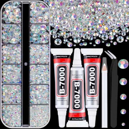 Image of Resin Rhinestones for Crafting with 3Pcs 10ml B7000 Jewelry Glue, 1 Box Transparent AB Flatback Gems Crystals Diamond for Bedazzling Crafts DIY Nail Art Makeup, Gems for Clothing Tumblers Shoes