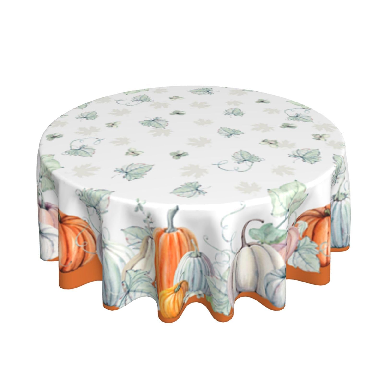 Fall Tablecloth Round 60 Inch White Orange Pumpkin Leaves Thanksgiving Autumn Harvest Decorative Table Cloth Washable Wrinkle Stain-Resistant