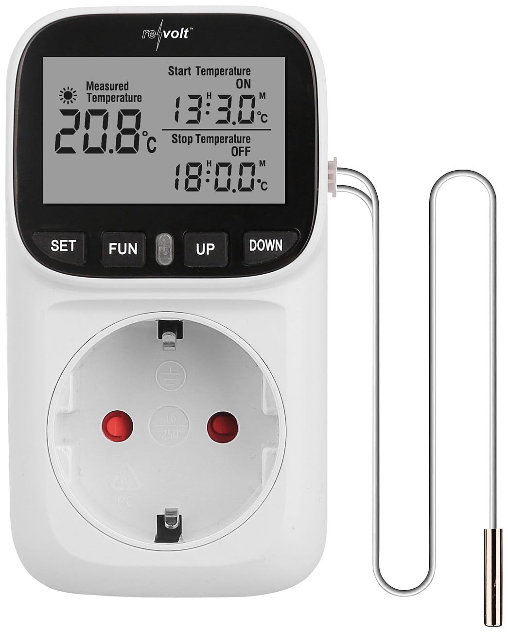 revolt Temperaturregler 230V: 4er-Set Digitale Steckdosen-Thermostate für Heiz & Klimageräte (Zeitschaltuhr Thermostat-Steckdose, Thermostat mit Fernfühler, Heizstrahler)